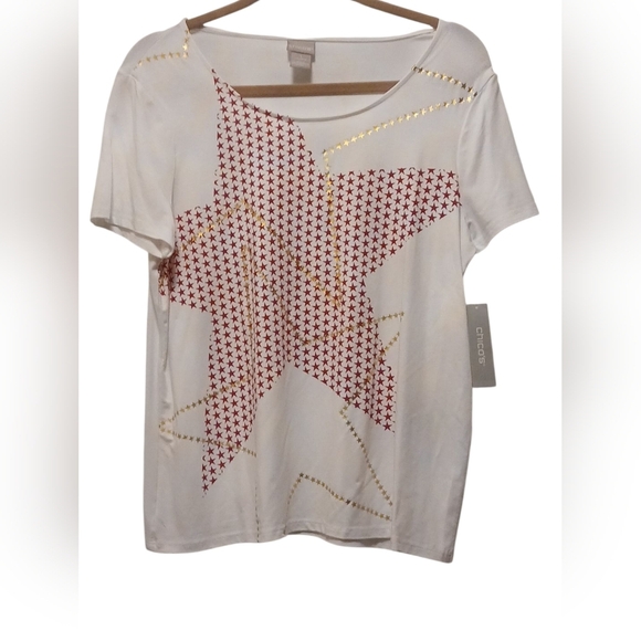 Chico's - NWT, White Blouse W/ Red & Gold Stars, Short Sleeves, Scoop Neck, - Picture 8 of 10